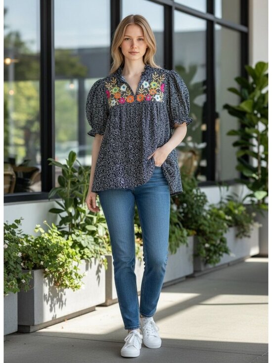 Elings Tops - Elings Floral Embroidered Navy Blouse Short Puff Sleeves Ruffle Neckline Polyest